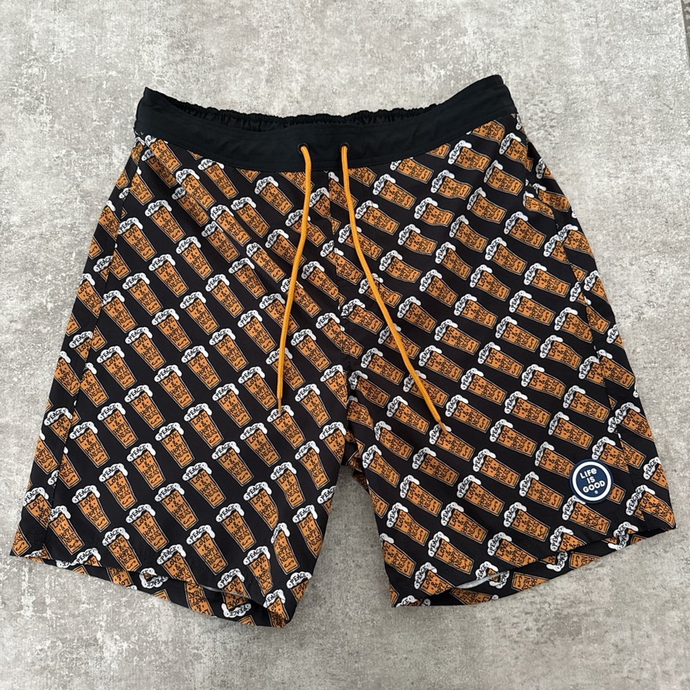 Life Is Good Black and Orange Beer Print Shorts